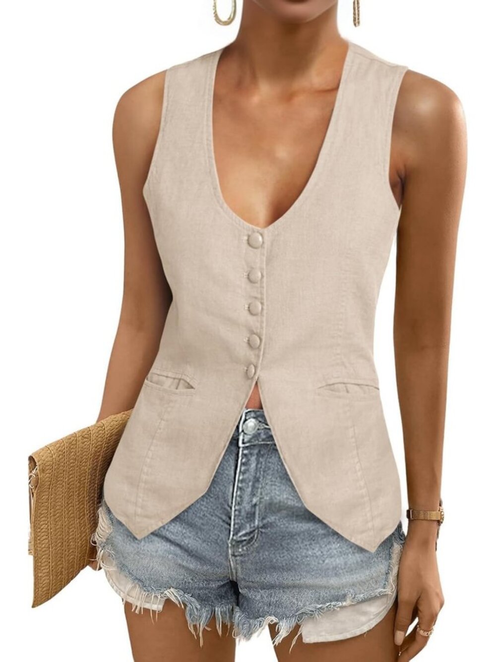 Scoop Neck Sleeveless Blazer Vest for Women - Fitted Summer Waistcoat